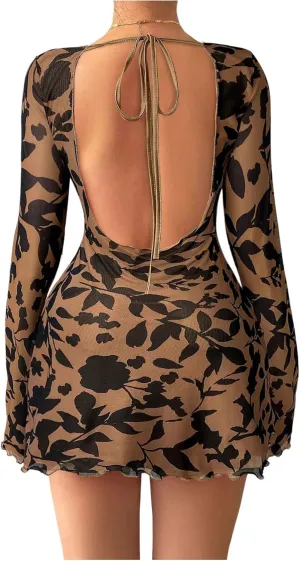 MakeMeChic Women's Floral Print Long Sleeve Mini Dress Mesh Backless Y2k Going Out Dresses