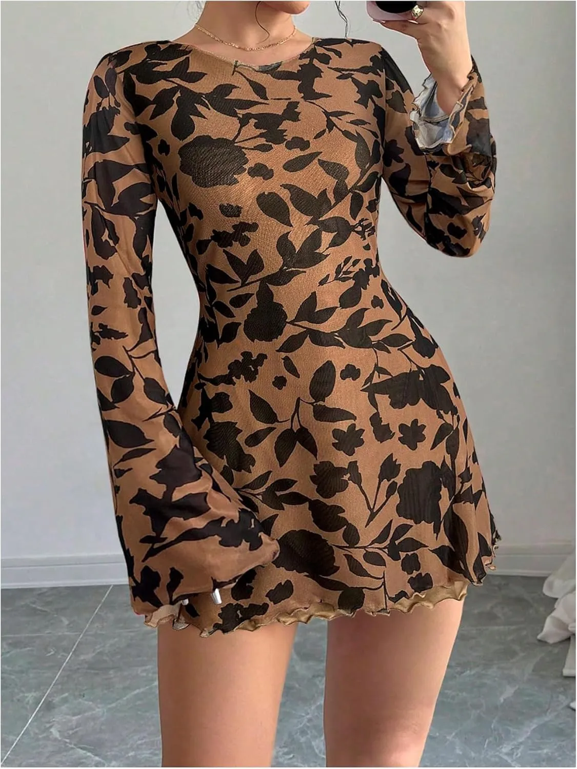 MakeMeChic Women's Floral Print Long Sleeve Mini Dress Mesh Backless Y2k Going Out Dresses