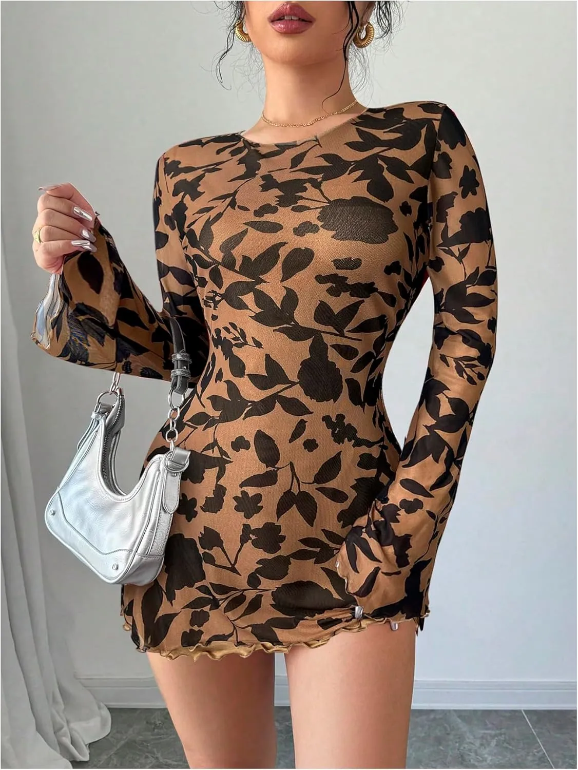 MakeMeChic Women's Floral Print Long Sleeve Mini Dress Mesh Backless Y2k Going Out Dresses