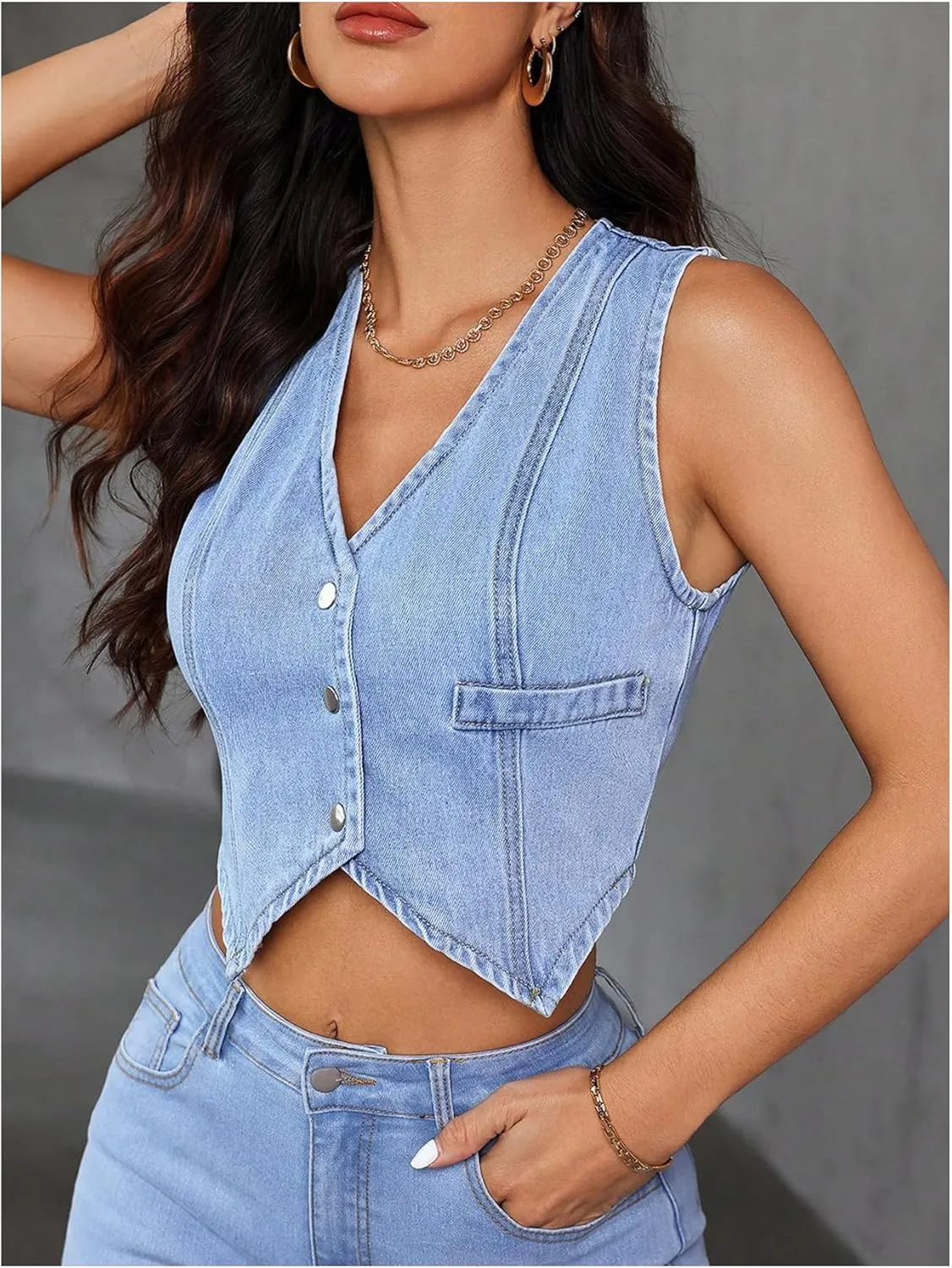 MakeMeChic Women's Jean Denim Vest Tops Button Down V Neck Sleeveless Y2K Denim Waistcoat Vest Jacket