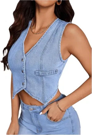 MakeMeChic Women's Jean Denim Vest Tops Button Down V Neck Sleeveless Y2K Denim Waistcoat Vest Jacket