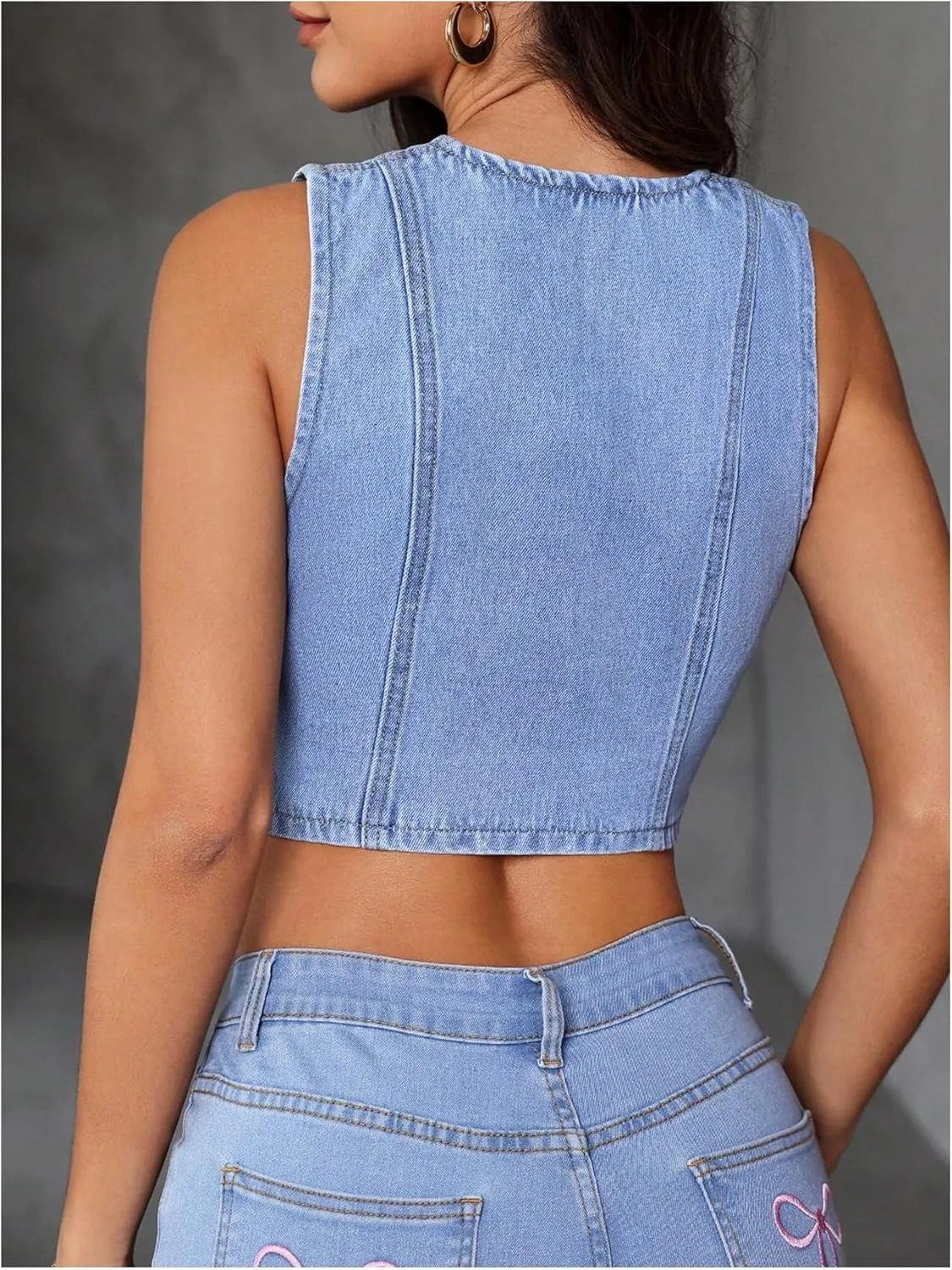 MakeMeChic Women's Jean Denim Vest Tops Button Down V Neck Sleeveless Y2K Denim Waistcoat Vest Jacket
