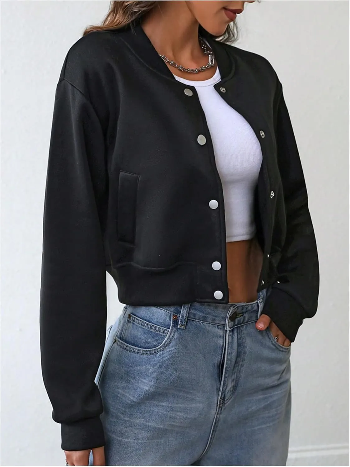 MakeMeChic Women's Long Sleeve Crop Top Baseball Jacket Button Down Varsity Jackets with Pocket