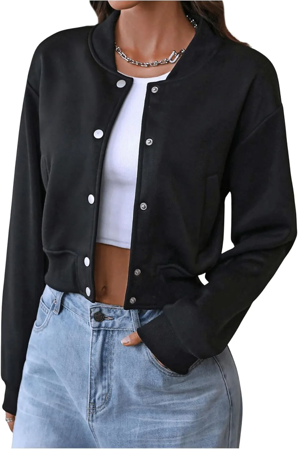 MakeMeChic Women's Long Sleeve Crop Top Baseball Jacket Button Down Varsity Jackets with Pocket