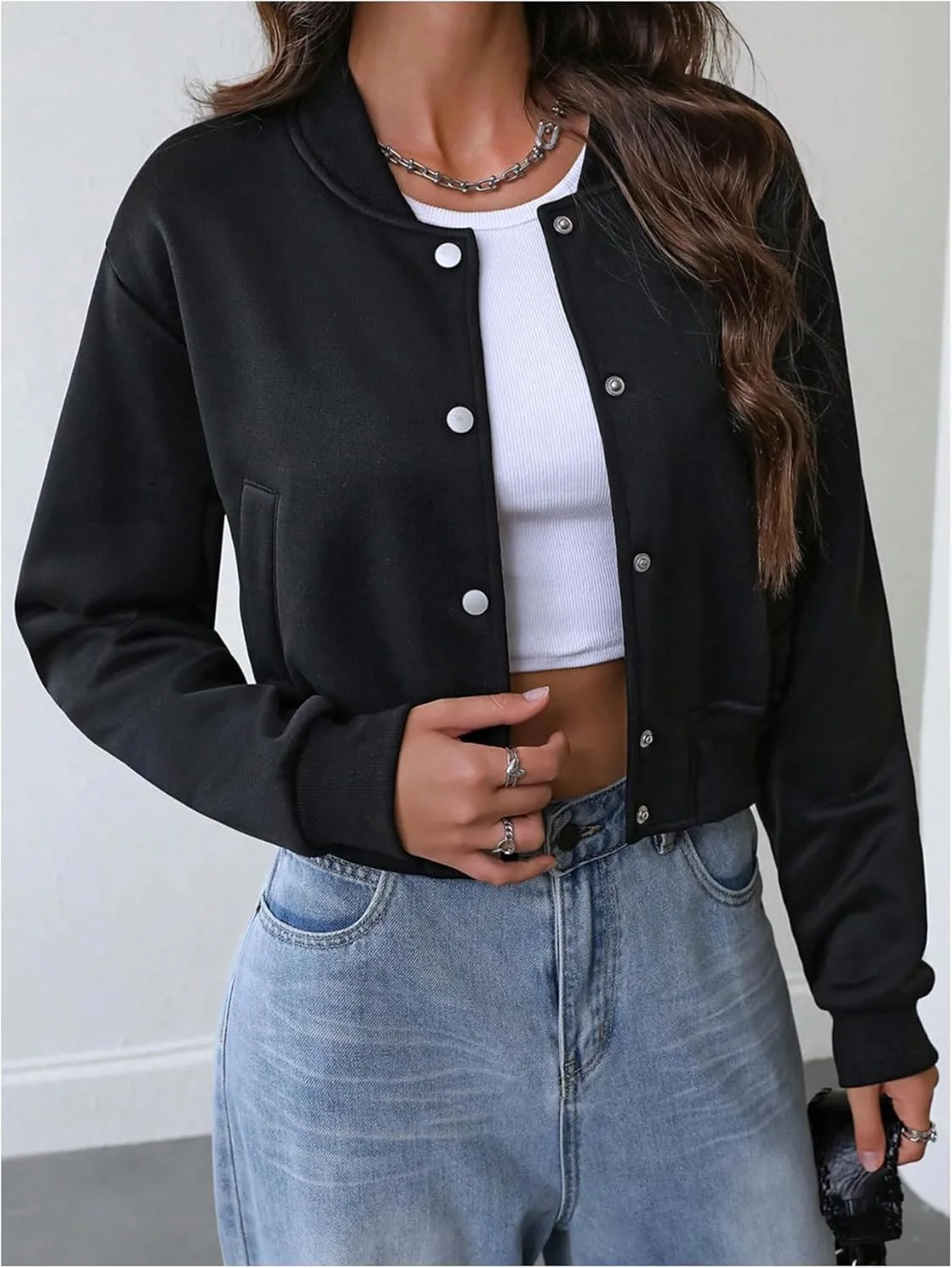 MakeMeChic Women's Long Sleeve Crop Top Baseball Jacket Button Down Varsity Jackets with Pocket