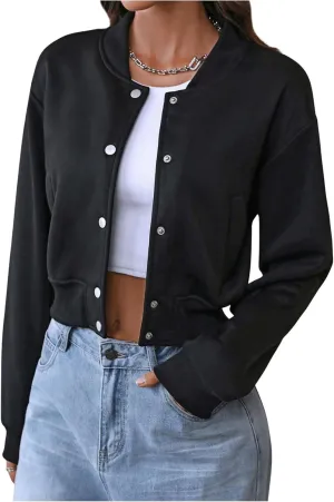 MakeMeChic Women's Long Sleeve Crop Top Baseball Jacket Button Down Varsity Jackets with Pocket