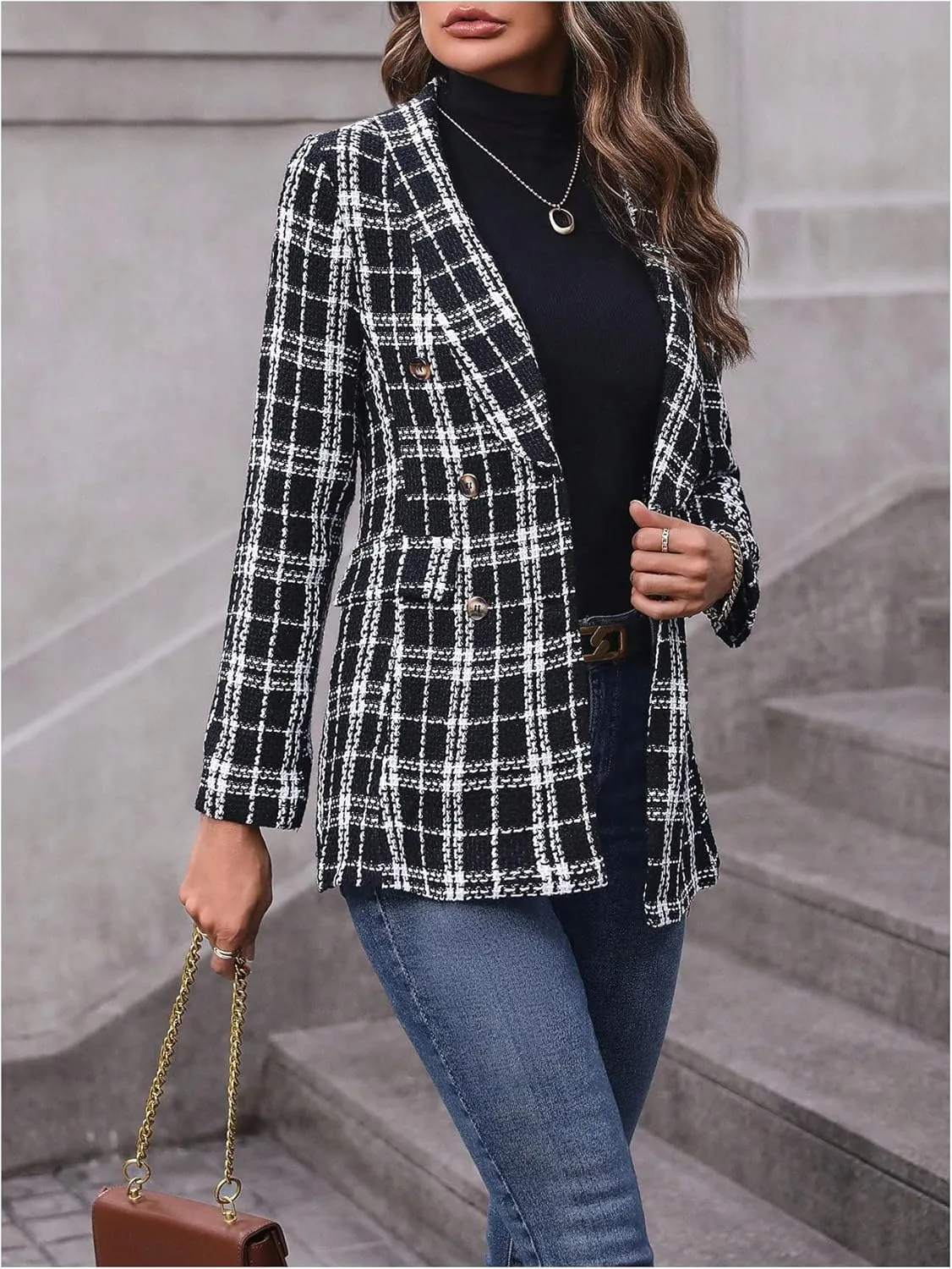 MakeMeChic Women's Plaid Long Sleeve Blazer Jacket Double Breasted Open Front Casual Business Jackets Outwear