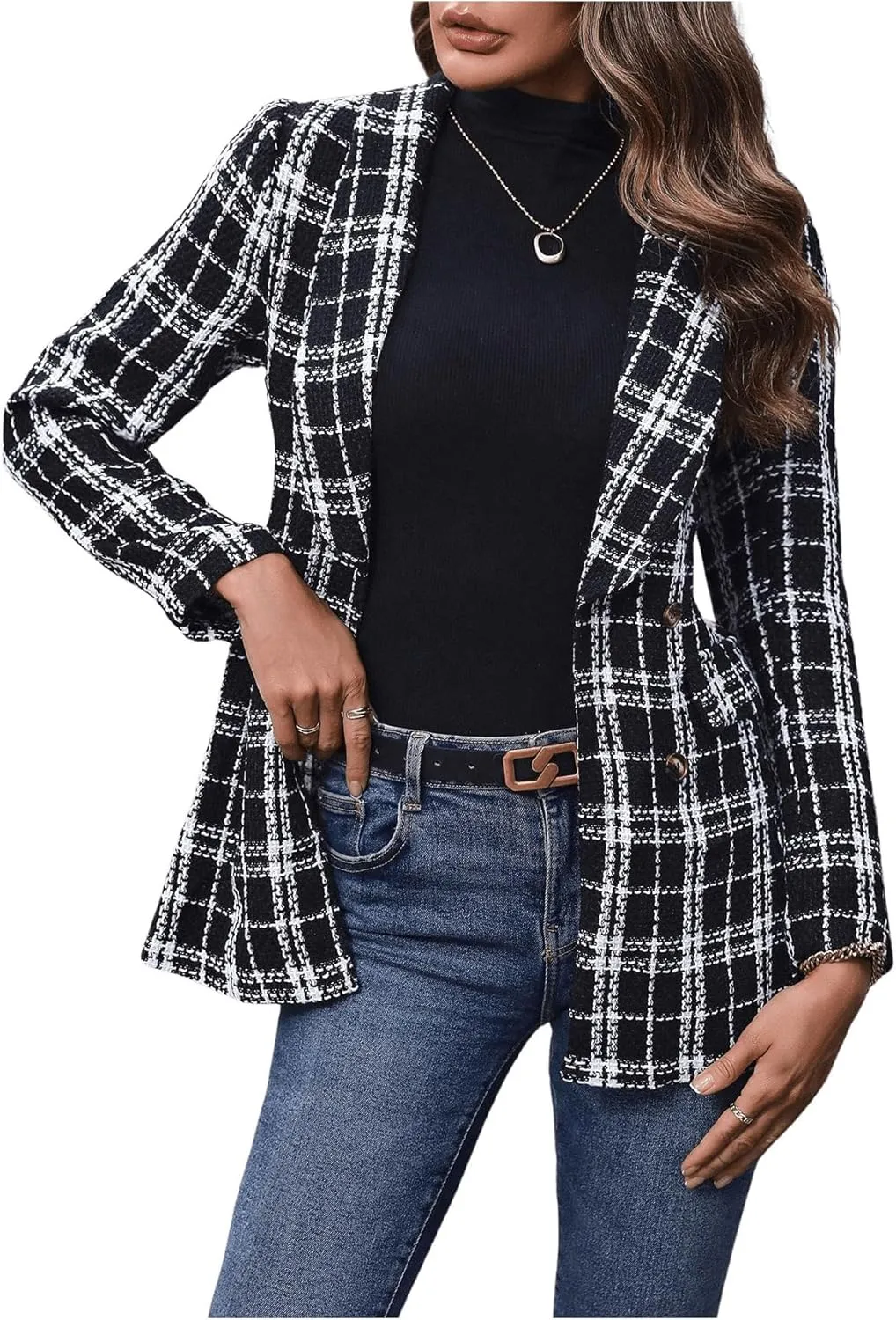 MakeMeChic Women's Plaid Long Sleeve Blazer Jacket Double Breasted Open Front Casual Business Jackets Outwear