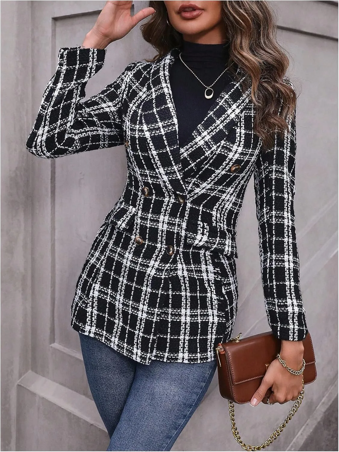 MakeMeChic Women's Plaid Long Sleeve Blazer Jacket Double Breasted Open Front Casual Business Jackets Outwear