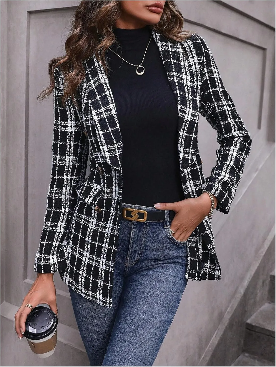 MakeMeChic Women's Plaid Long Sleeve Blazer Jacket Double Breasted Open Front Casual Business Jackets Outwear