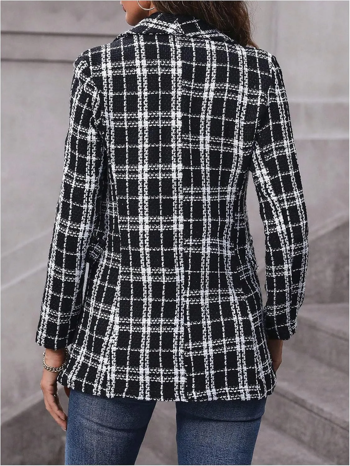 MakeMeChic Women's Plaid Long Sleeve Blazer Jacket Double Breasted Open Front Casual Business Jackets Outwear