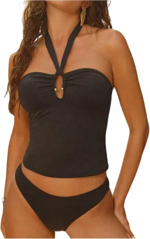 MakeMeChic Women's Tankini Swimsuits Halter Tie Back Tummy Control Swimwear Bathing Suit