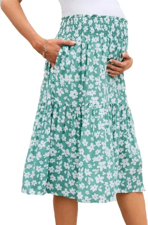 Maternity Skirt Casual High Waist Flowy Swing A Line Skirt with Pockets