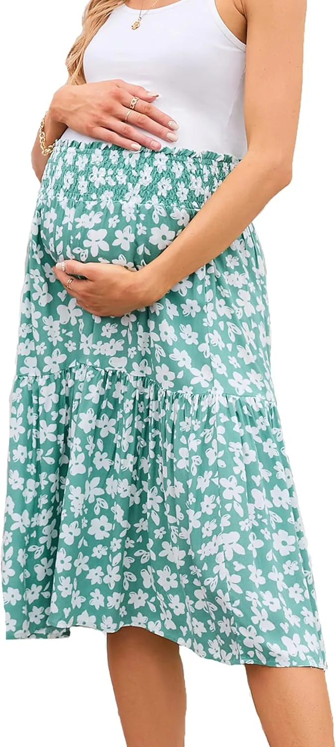 Maternity Skirt Casual High Waist Flowy Swing A Line Skirt with Pockets