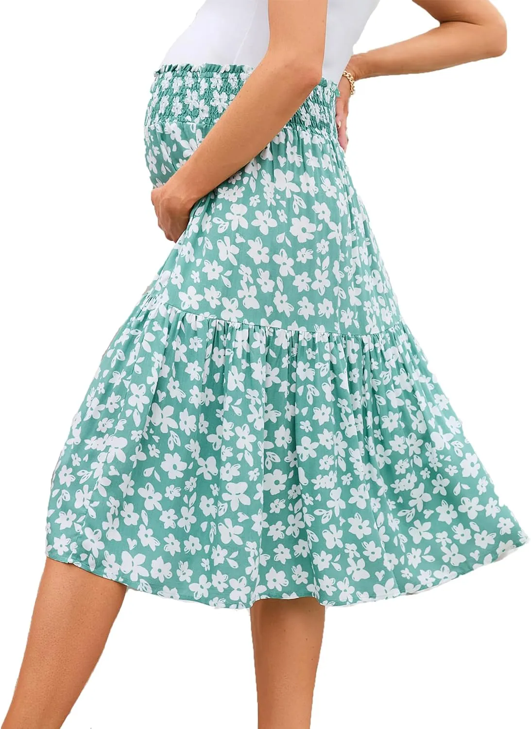 Maternity Skirt Casual High Waist Flowy Swing A Line Skirt with Pockets