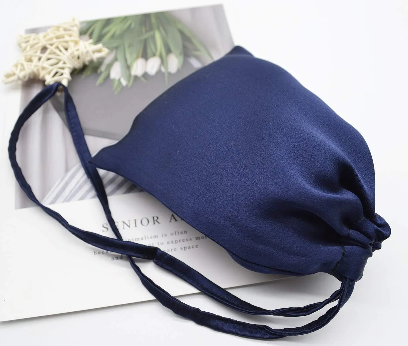 MAXFEEL 100% Silk Travel Bags&Gift Bags with Draw String Solid Dyed Muticolor (Dark Blue)