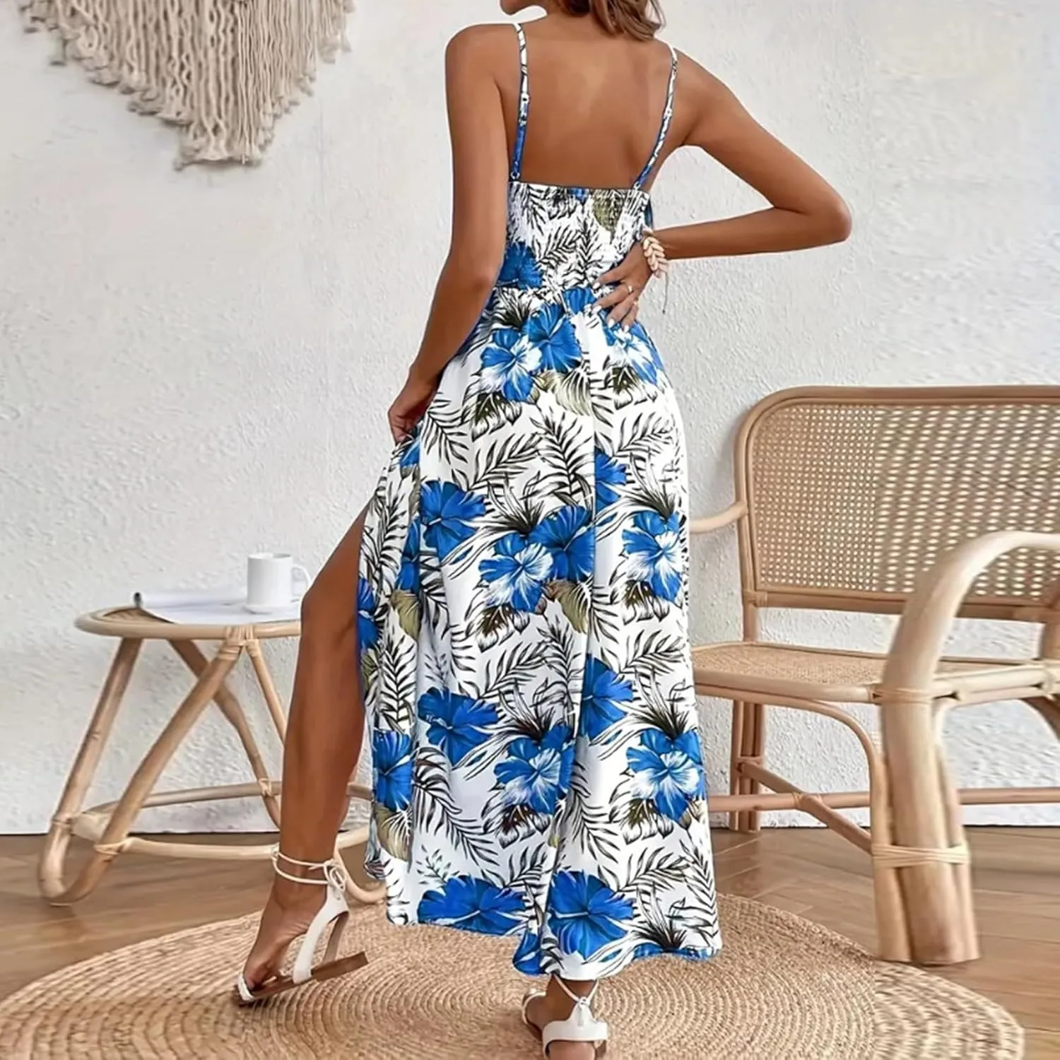 Maxi Dresses for Women 2025 Summer Sexy Spaghetti Strap Floral V Neck Dress Boho Cut Out Waist Slit Long Sundress