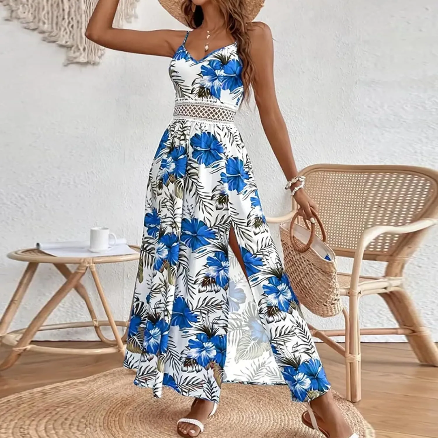 Maxi Dresses for Women 2025 Summer Sexy Spaghetti Strap Floral V Neck Dress Boho Cut Out Waist Slit Long Sundress