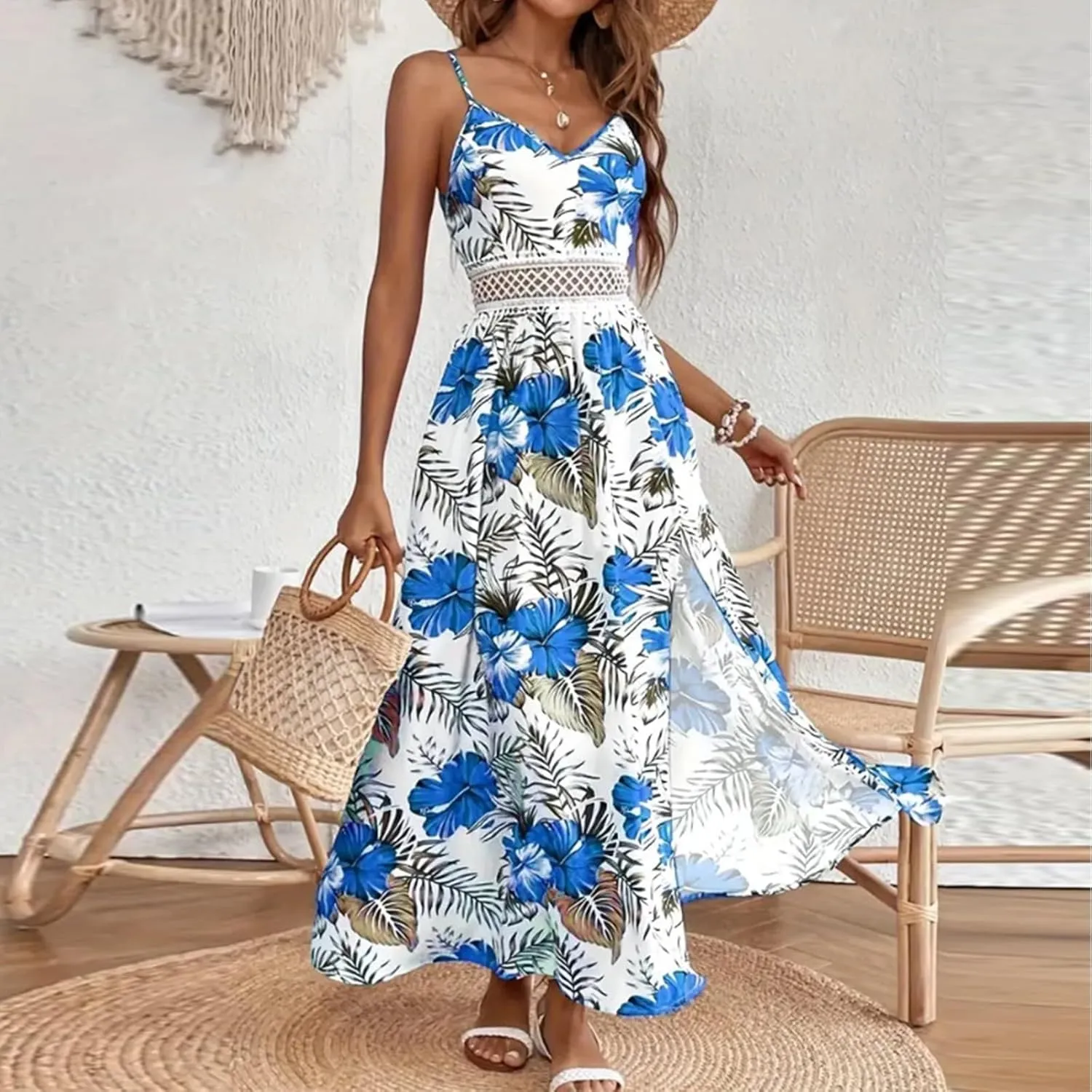 Maxi Dresses for Women 2025 Summer Sexy Spaghetti Strap Floral V Neck Dress Boho Cut Out Waist Slit Long Sundress