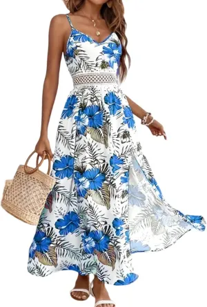 Maxi Dresses for Women 2025 Summer Sexy Spaghetti Strap Floral V Neck Dress Boho Cut Out Waist Slit Long Sundress