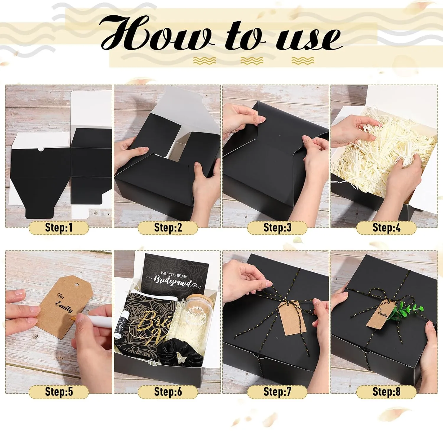 Meanplan 14 Pcs Bridesmaid Proposal Gifts, Will You Be My Bridesmaids Gifts with Proposal Box Glass Cup Makeup Bag Card Lip Balm Hand Cream Candle Scrunchies Bracelets Diamond Pen(Black)