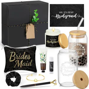 Meanplan 14 Pcs Bridesmaid Proposal Gifts, Will You Be My Bridesmaids Gifts with Proposal Box Glass Cup Makeup Bag Card Lip Balm Hand Cream Candle Scrunchies Bracelets Diamond Pen(Black)