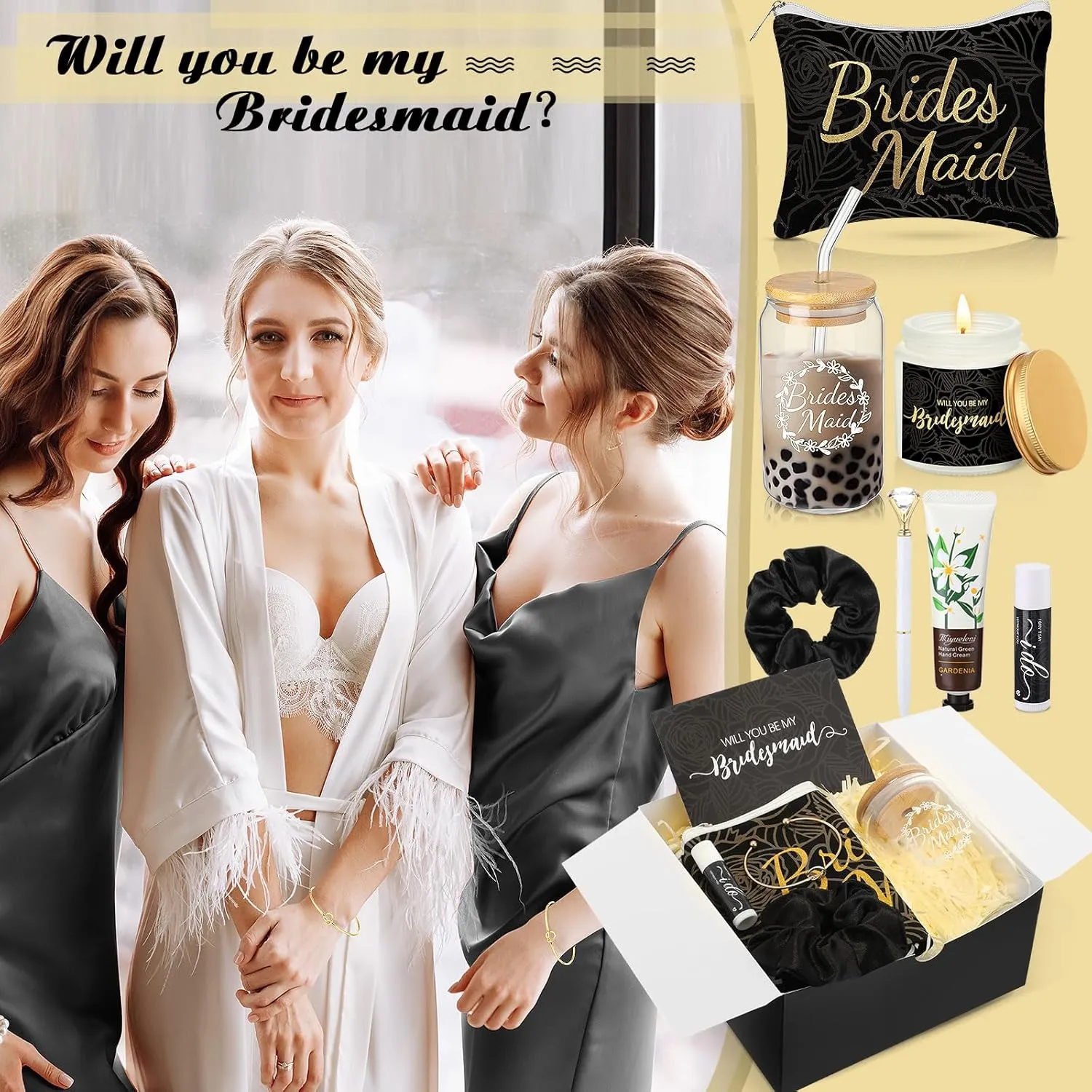 Meanplan 14 Pcs Bridesmaid Proposal Gifts, Will You Be My Bridesmaids Gifts with Proposal Box Glass Cup Makeup Bag Card Lip Balm Hand Cream Candle Scrunchies Bracelets Diamond Pen(Black)