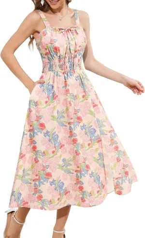 Meetjen Women's Floral Summer Beach Dress Midi Casual Wedding Guest Flowy 2025 Boho Vacation Sun Dresses with Pockets
