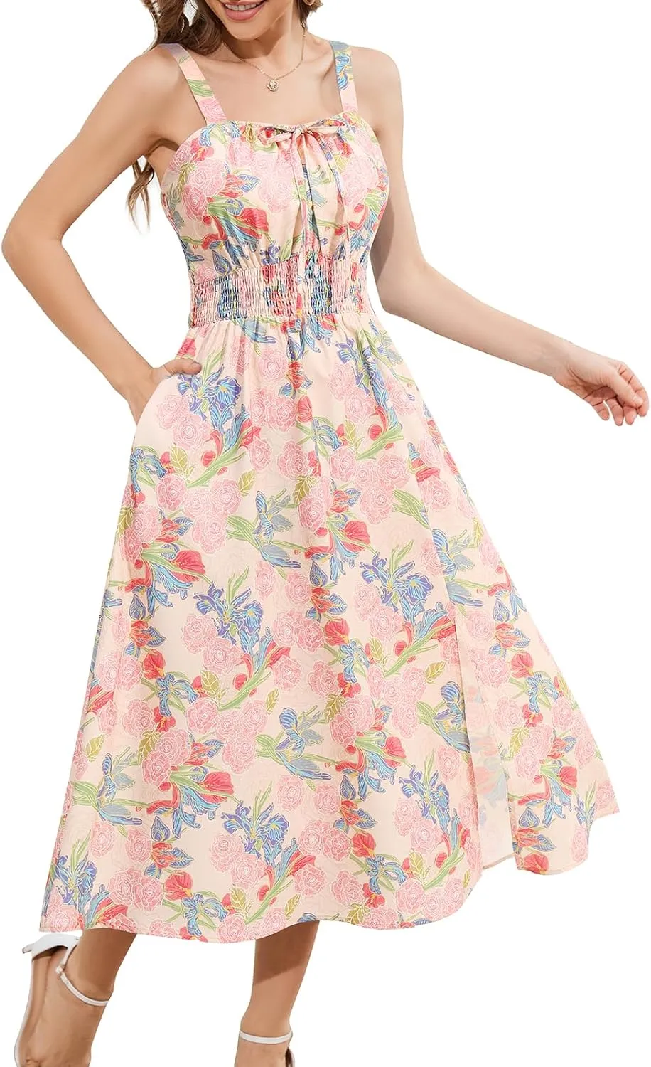 Meetjen Women's Floral Summer Beach Dress Midi Casual Wedding Guest Flowy 2025 Boho Vacation Sun Dresses with Pockets