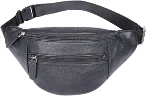 Mens Genuine Leather Waist Bags Cowhide Hip Purses for Boy Black (Black)