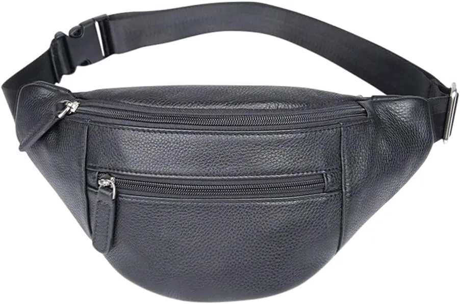 Mens Genuine Leather Waist Bags Cowhide Hip Purses for Boy Black (Black)