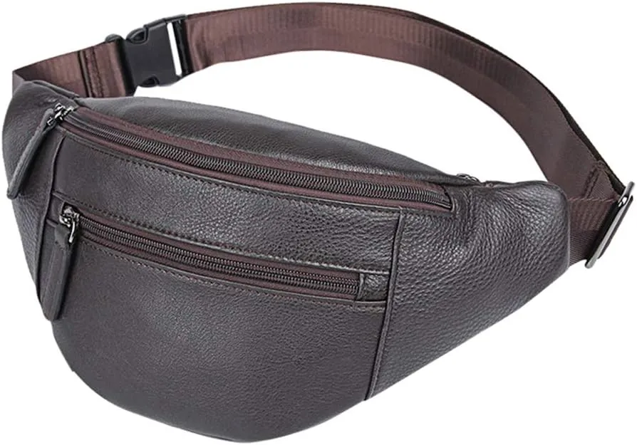 Mens Genuine Leather Waist Bags Cowhide Hip Purses for Boy Black (Chocolate)