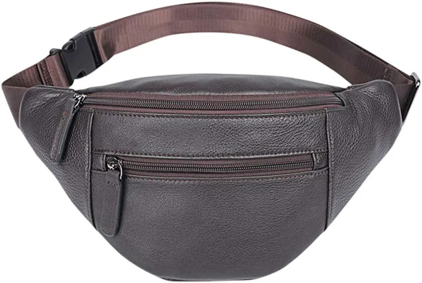 Mens Genuine Leather Waist Bags Cowhide Hip Purses for Boy Black (Chocolate)