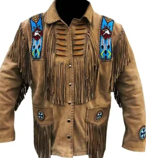 Mens Leather Buckskin Mountain Man Reenactment Suede Leather Native American Red Indian Fringes Beaded Jackets Warshirt
