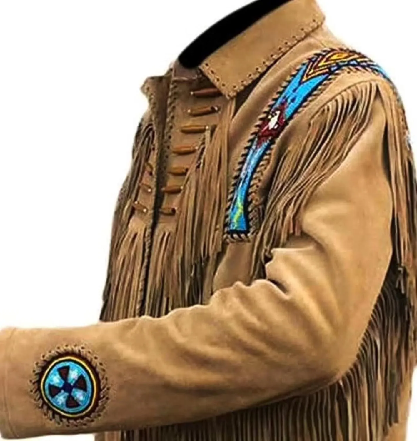 Mens Leather Buckskin Mountain Man Reenactment Suede Leather Native American Red Indian Fringes Beaded Jackets Warshirt