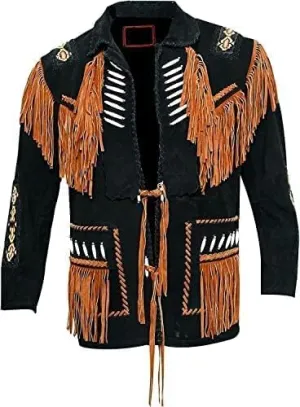 Mens Leather Buckskin Mountain Man Reenactment Suede Leather Native American Red Indian Fringes Beaded Jackets Warshirt