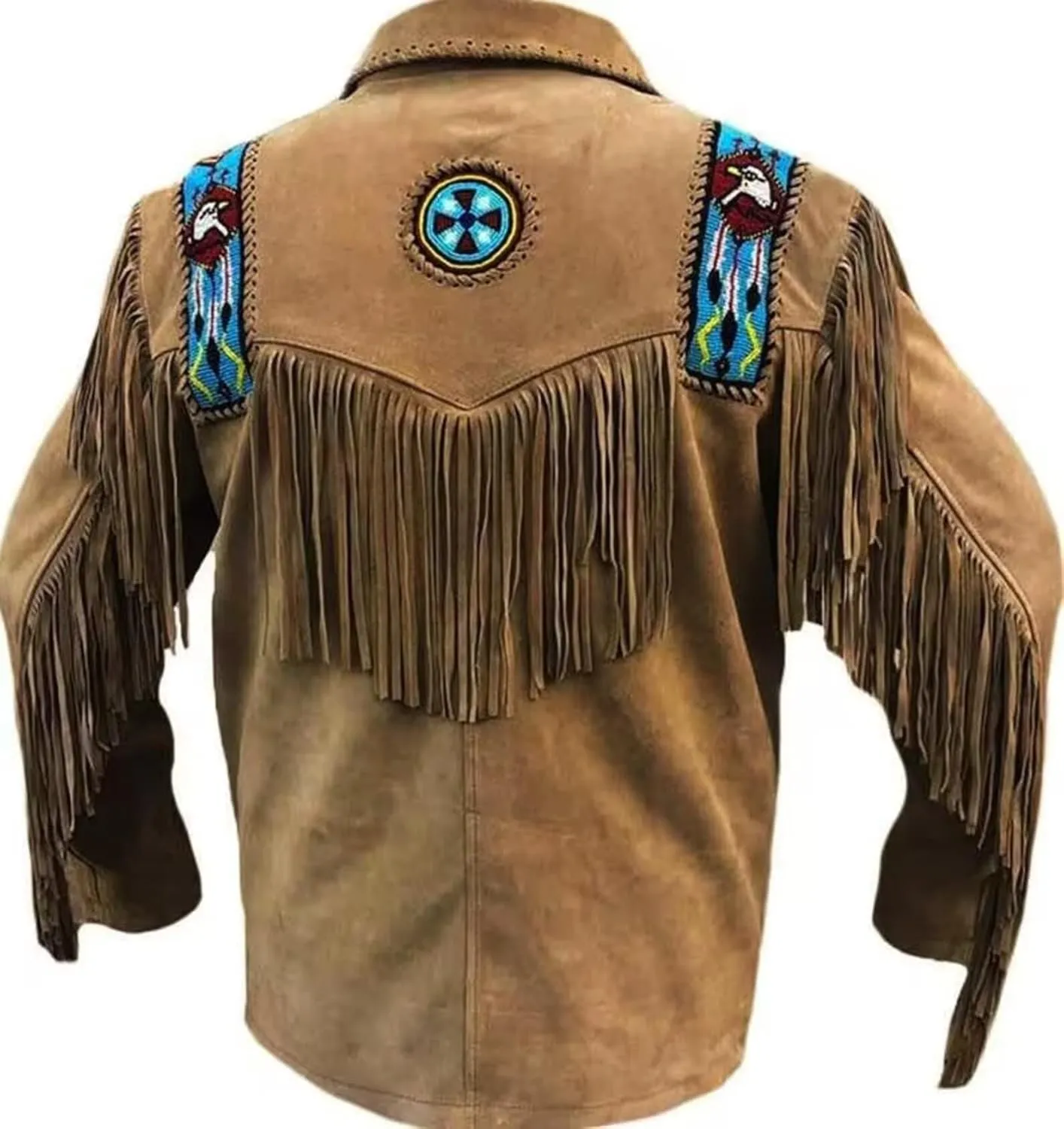 Mens Leather Buckskin Mountain Man Reenactment Suede Leather Native American Red Indian Fringes Beaded Jackets Warshirt