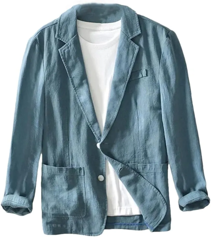 Men's Linen Cotton Blazer buttons Long Sleeve Casual Business Loose Solid Color Suit Jackets