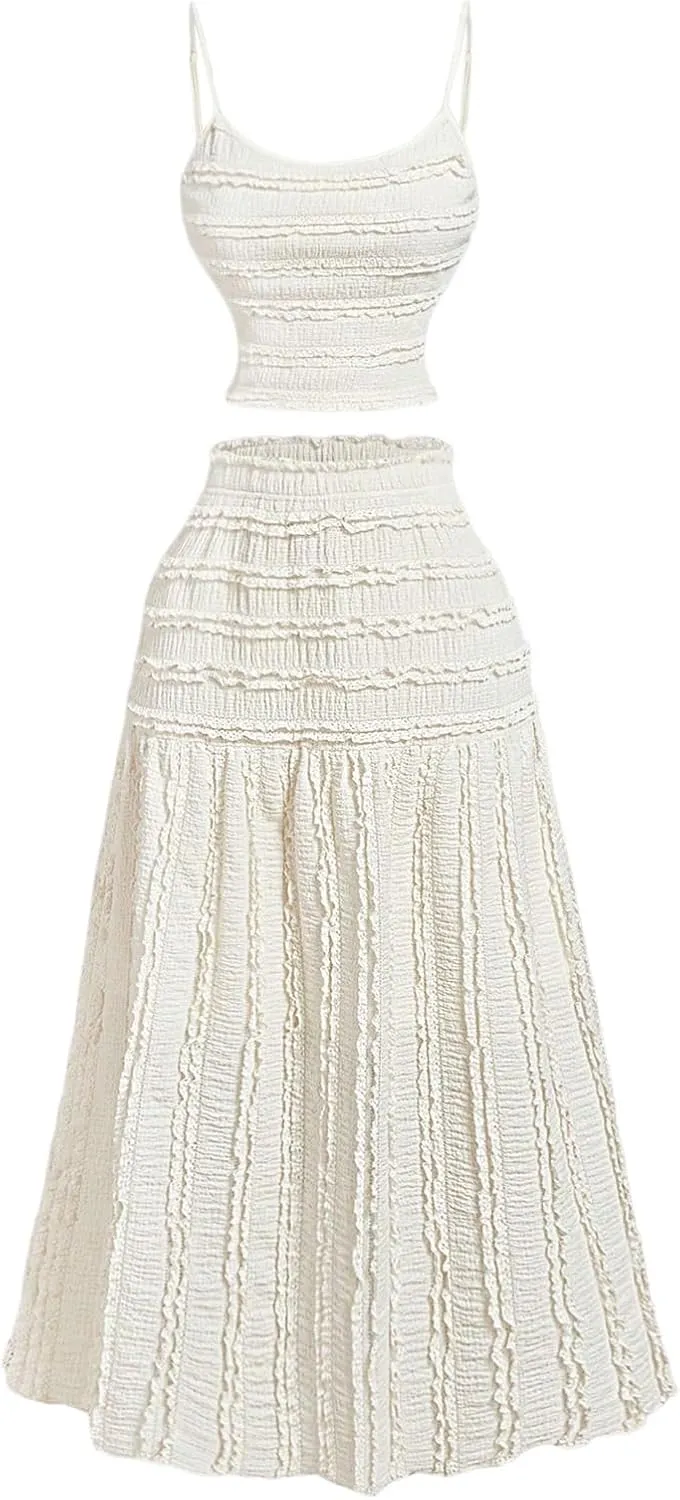 Milumia Women's Ruffle Maxi Skirt Set Spaghetti Strap Cami Top and Skirt Matching Sets 2 Piece Outfit
