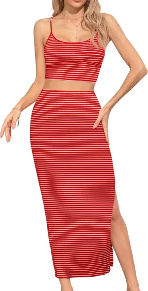 Missufe Women's 2 Piece Outfits Striped Cami Crop Top and Slit Maxi Pencil Skirt Summer Beach Set