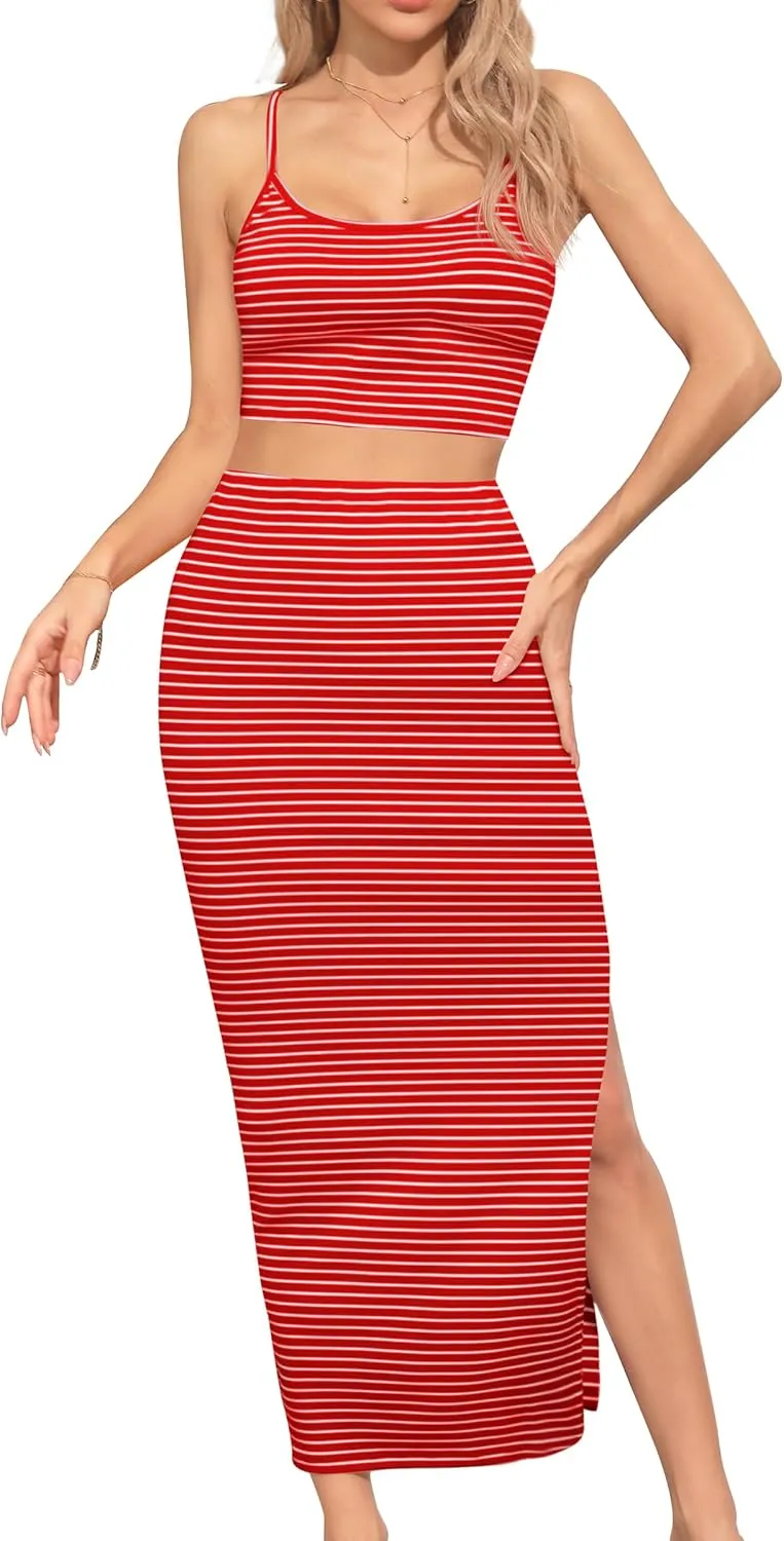Missufe Women's 2 Piece Outfits Striped Cami Crop Top and Slit Maxi Pencil Skirt Summer Beach Set