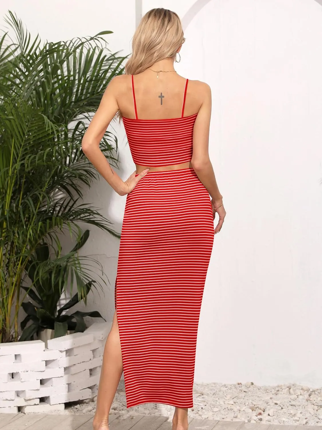 Missufe Women's 2 Piece Outfits Striped Cami Crop Top and Slit Maxi Pencil Skirt Summer Beach Set