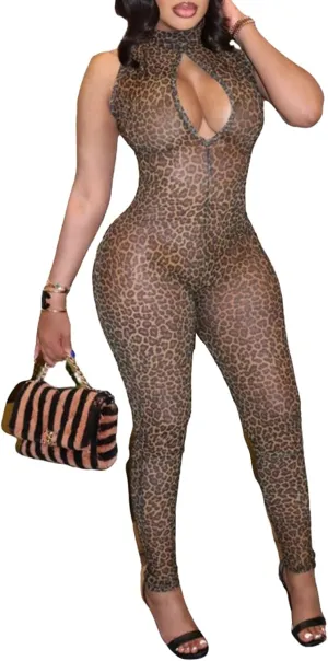 Molilove Women's Sexy Cheetah Print Jumpsuits Sleeveless Hollow Out Top Bodycon Pant Romper Y2K One Piece Outfits