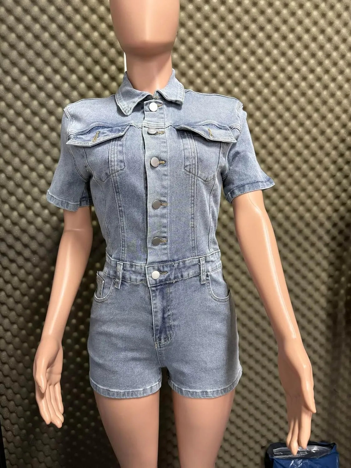 Molilove Women's Vintage Denim Jumpsuit Short Sleeve Button Down Jeans Jumpsuit Rompers with Pockets