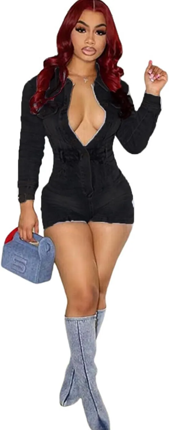 Molilove Women's Vintage Short Denim Jumpsuit Long Sleeve Button Down Jean Jumpsuit Rompers with Pockets
