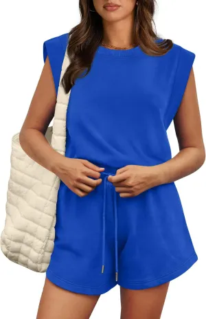 OFEEFAN Rompers for Women Summer Cap Sleeve Adjustable Drawstring Waistband Crewneck Casual Outfits with Pockets