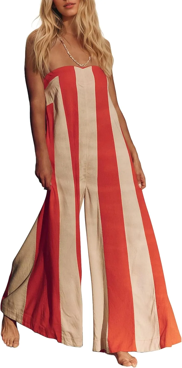OLAPTA Women Striped Wide Leg Jumpsuits 2025 Summer Casual Strapless Long Rompers Loose Trendy One Piece Outfits with Pockets