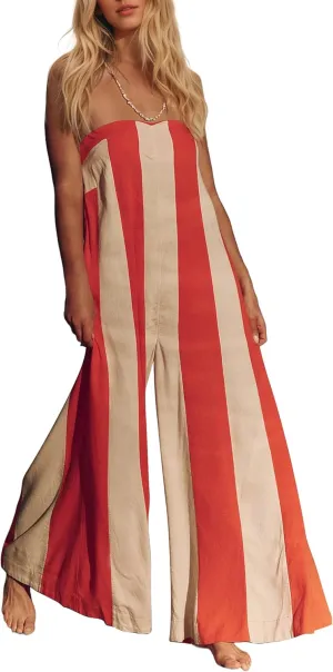 OLAPTA Women Striped Wide Leg Jumpsuits 2025 Summer Casual Strapless Long Rompers Loose Trendy One Piece Outfits with Pockets