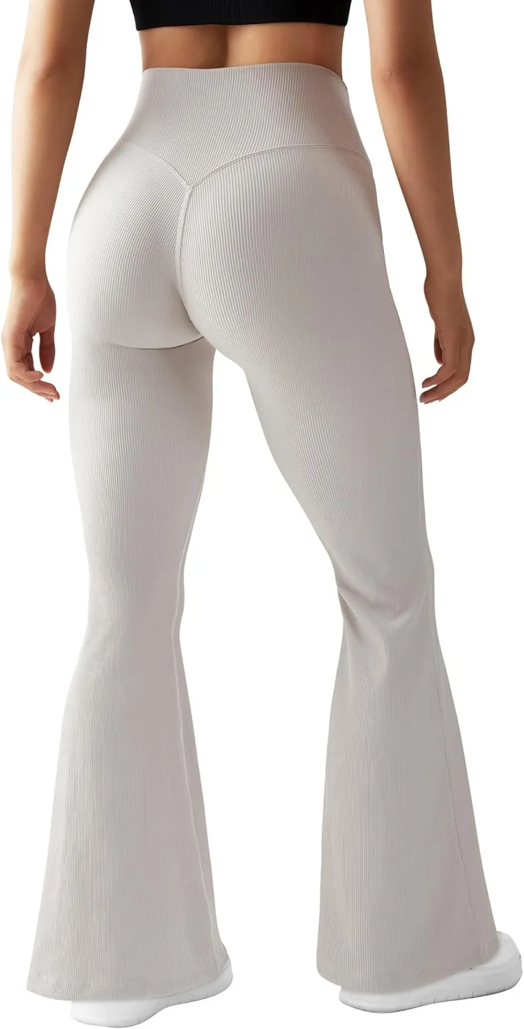 OMKAGI V Waist Flare Leggings for Women Tummy Control Wide Leg Yoga Pants with Pockets