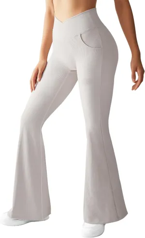 OMKAGI V Waist Flare Leggings for Women Tummy Control Wide Leg Yoga Pants with Pockets